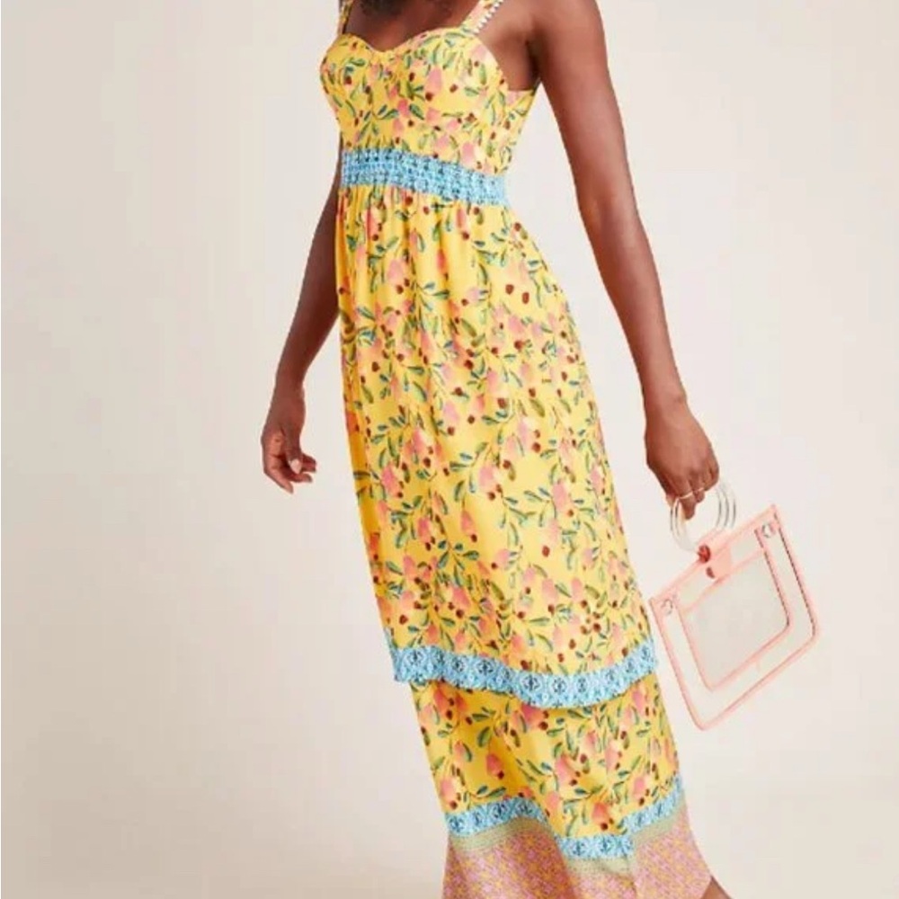 Anthropologie Sunny Floral Midi Dress with Blue Accents